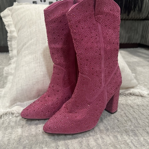 Pierre Dumas Shoes - Pink Rhinestone Covered Boots High Heel Block Cowgirl Rodeo Western Women's 7